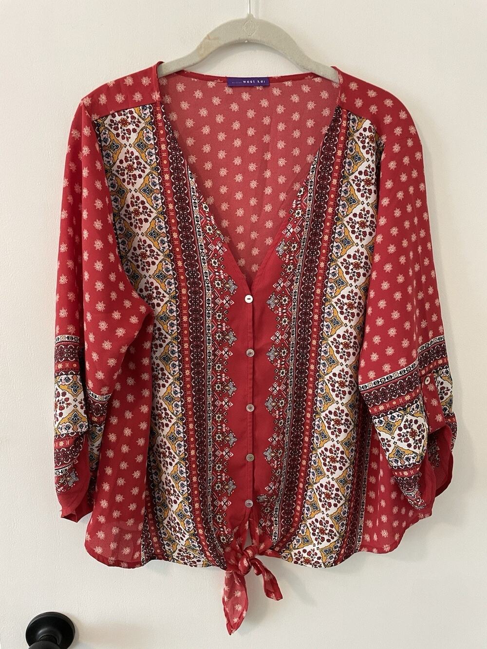 Women's Large Red West Kei Bohemian Tie Front Tunic. Flowy Boho Colorful 0055